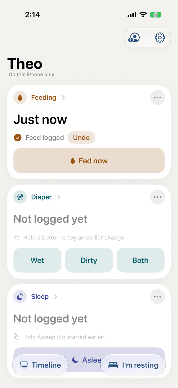 The CribClock board right after tapping Fed now: the feeding card reads Just now, with Feed logged and an Undo button in place. The diaper and sleep cards still say Not logged yet.