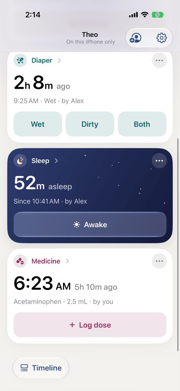 The board while the baby sleeps: the sleep card has become a starry night sky reading 52m asleep, by Alex, with an Awake button. Above it, the diaper card says 2h 8m ago; below, the medicine card leads with the time of the last recorded dose, by you.