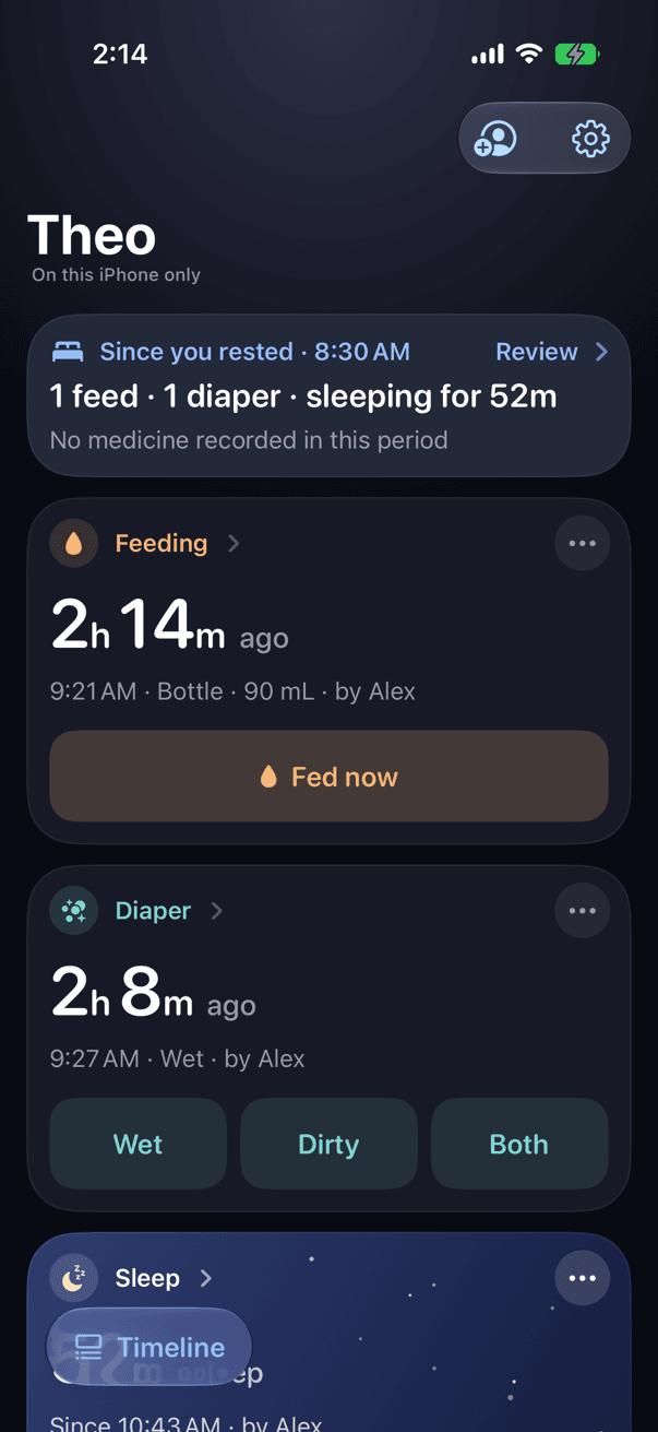 CribClock's board in the dark appearance. Since you rested at 8:30 AM: 1 feed, 1 diaper, sleeping for 52m, and No medicine recorded in this period. The feeding card reads 2h 14m ago, bottle, 90 mL, by Alex, above a Fed now button. The diaper card reads 2h 8m ago, wet, by Alex, with Wet, Dirty, and Both buttons.
